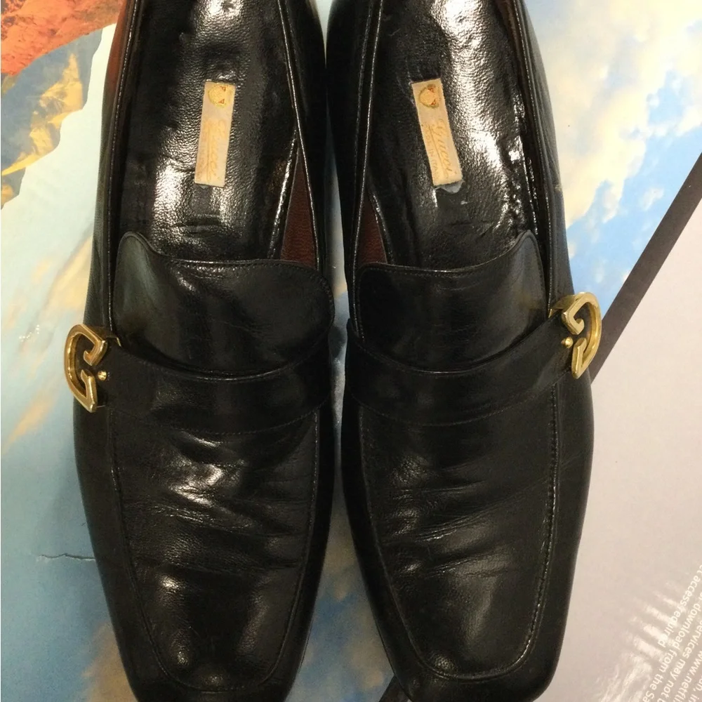 Gucci Black Leather Loafers with Gold G Buckle